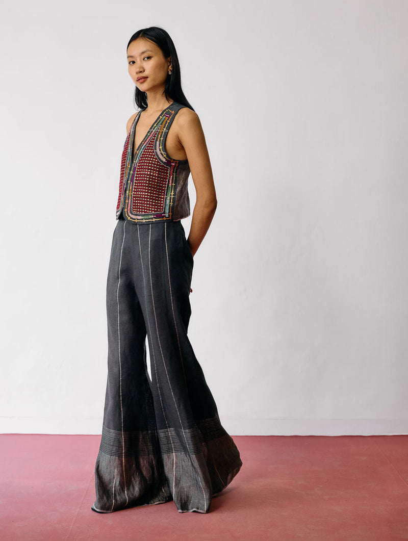 Kaya Hand-Embroidered Co-ord-Charcoal linen co-ord set by Manan in black for women in Singapore
