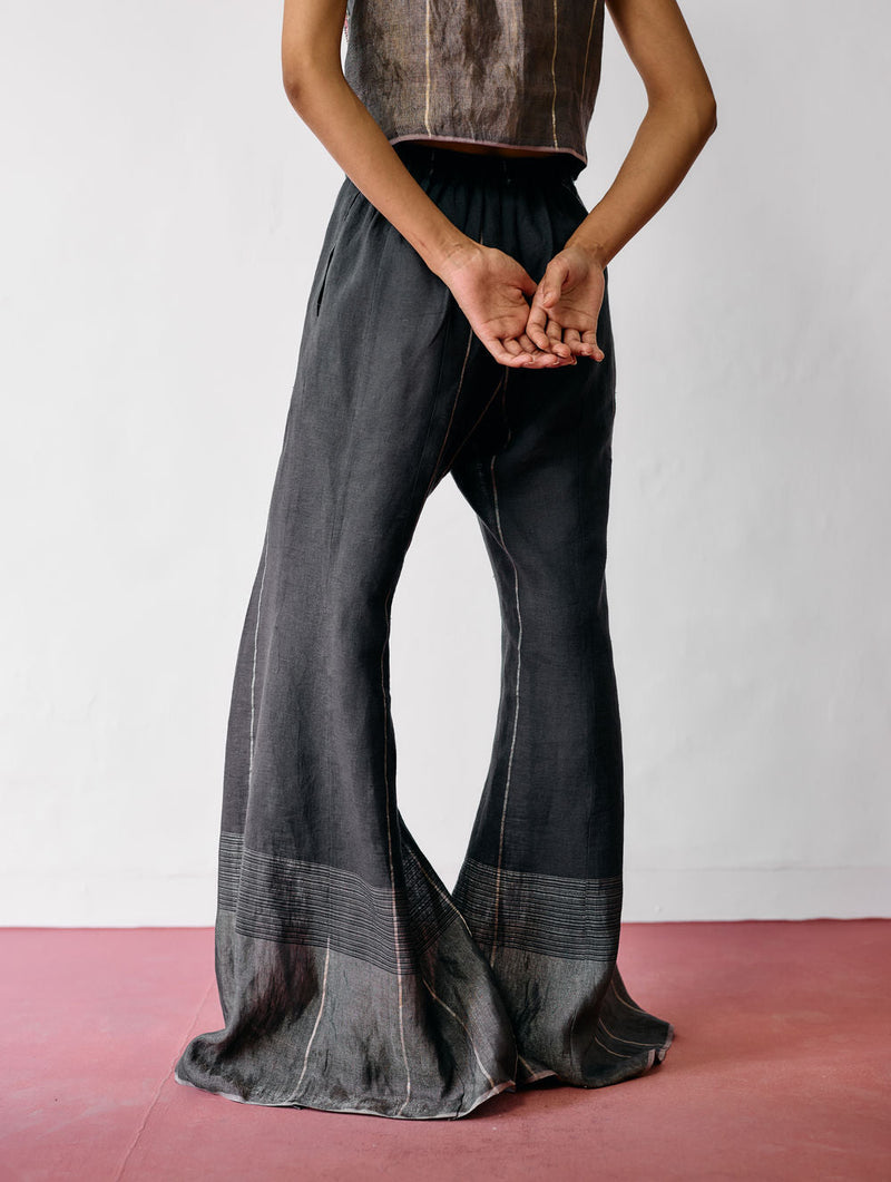 Tala Metallic Linen Sharara Pants-Charcoal linen pant/trousers by Manan in black for women in Singapore