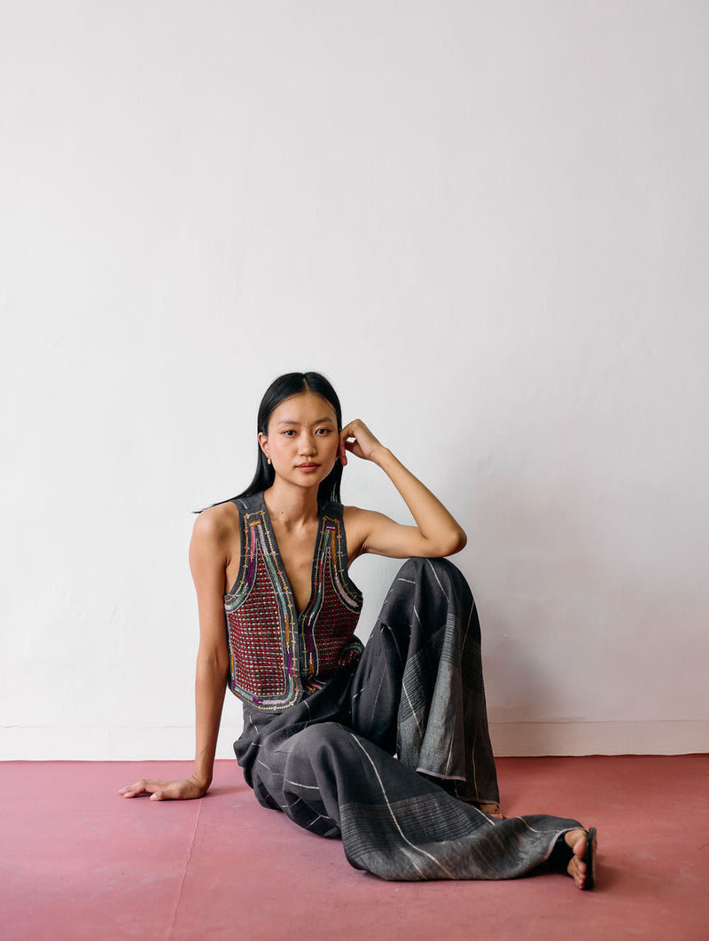 Kaya Hand-Embroidered Co-ord-Charcoal linen co-ord set by Manan in black for women in Singapore