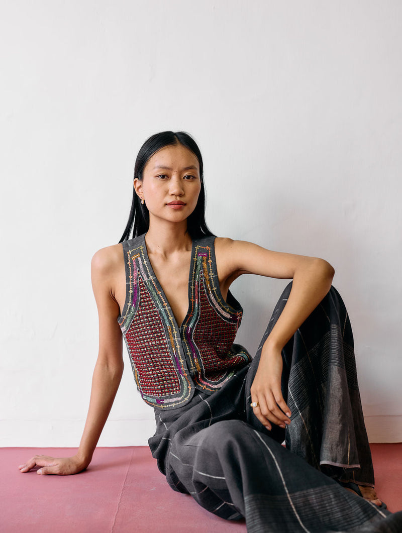 Kaya Hand-Embroidered Vest-Charcoal linen jacket/overlay by Manan in black for women in Singapore