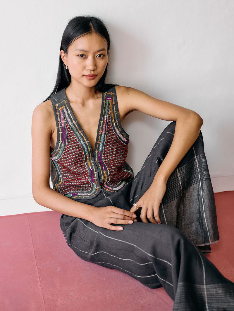 Kaya Hand-Embroidered Vest-Charcoal linen jacket/overlay by Manan in black for women in Singapore