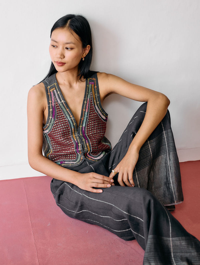 Kaya Hand-Embroidered Vest-Charcoal linen jacket/overlay by Manan in black for women in Singapore