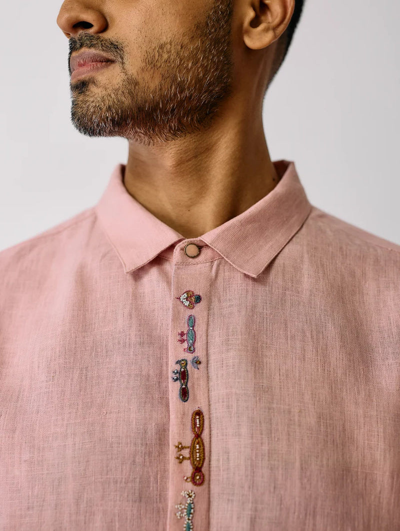 Ved Hand-Embroidered Bird Shirt-Pink linen shirt by Manan Men in pink for men in Singapore
