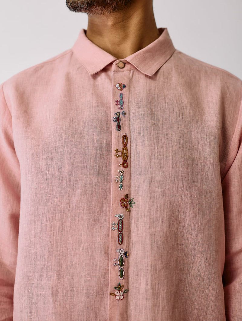 Ved Hand-Embroidered Bird Shirt-Pink linen shirt by Manan Men in pink for men in Singapore