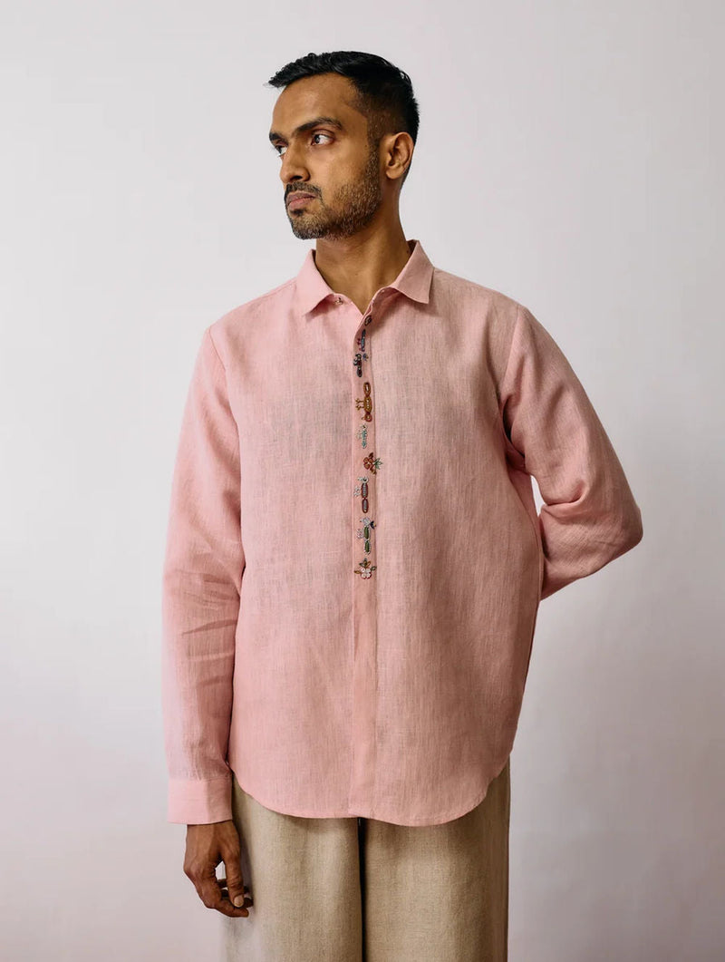 Ved Hand-Embroidered Bird Shirt-Pink linen shirt by Manan Men in pink for men in Singapore