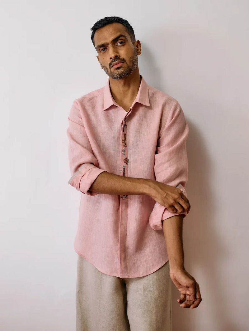 Ved Hand-Embroidered Bird Shirt-Pink linen shirt by Manan Men in pink for men in Singapore
