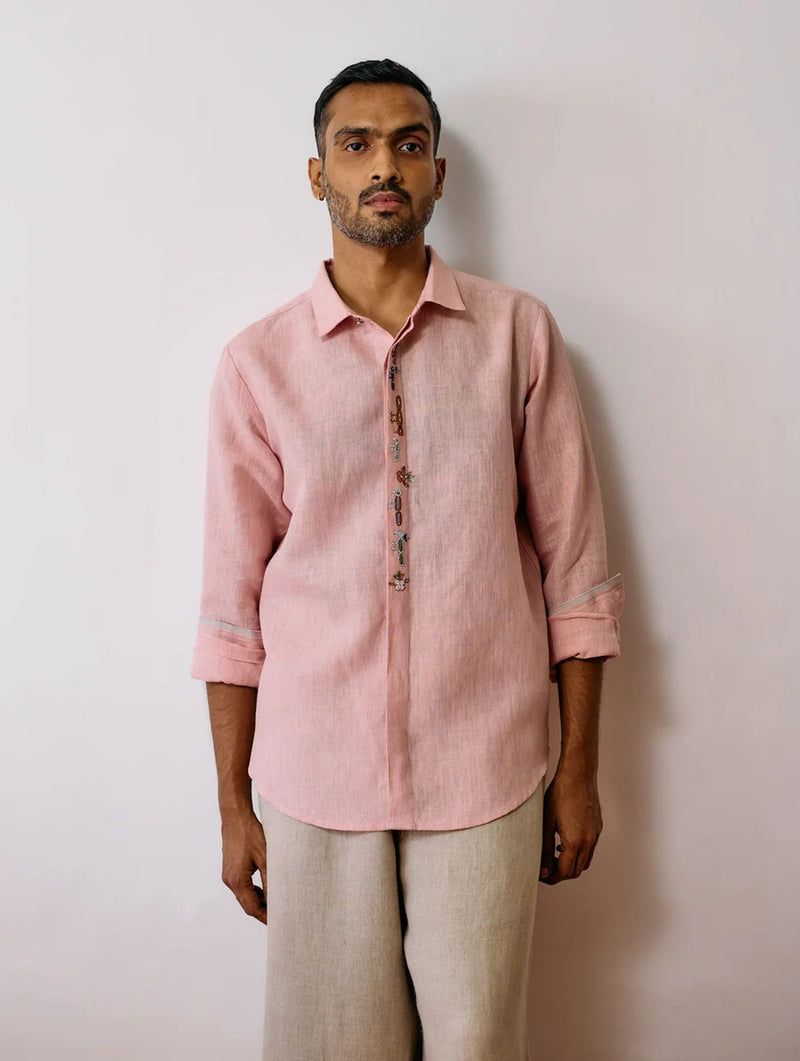 Ved Hand-Embroidered Bird Shirt-Pink linen shirt by Manan Men in pink for men in Singapore