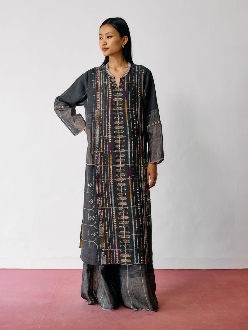 Aicha Hand-Embroidered Panelled Kurta-Charcoal linen kurta/kurta set by Manan in black for women in Singapore