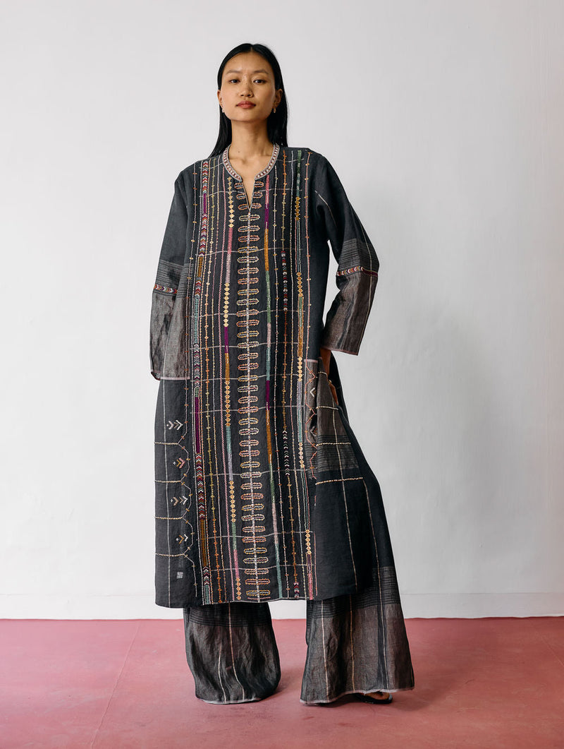 Aicha Hand-Embroidered Panelled Kurta-Charcoal linen kurta/kurta set by Manan in black for women in Singapore