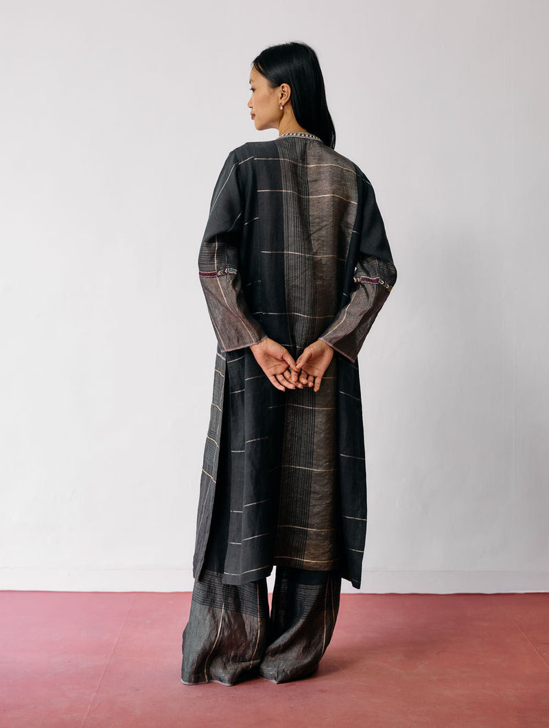Aicha Hand-Embroidered Panelled Kurta Set-Charcoal linen kurta/kurta set by Manan in black for women in Singapore
