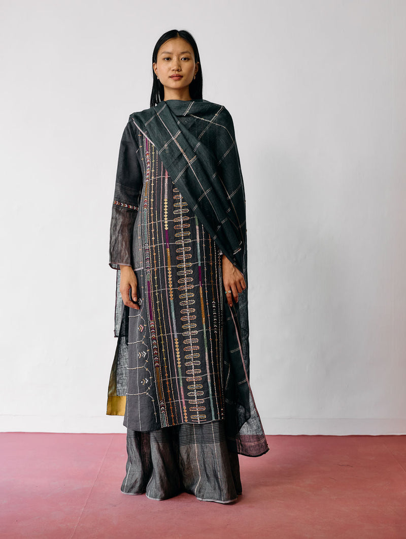 Aicha Hand-Embroidered Panelled Kurta-Charcoal linen kurta/kurta set by Manan in black for women in Singapore