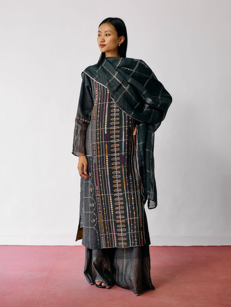 Aicha Hand-Embroidered Panelled Kurta-Charcoal linen kurta/kurta set by Manan in black for women in Singapore