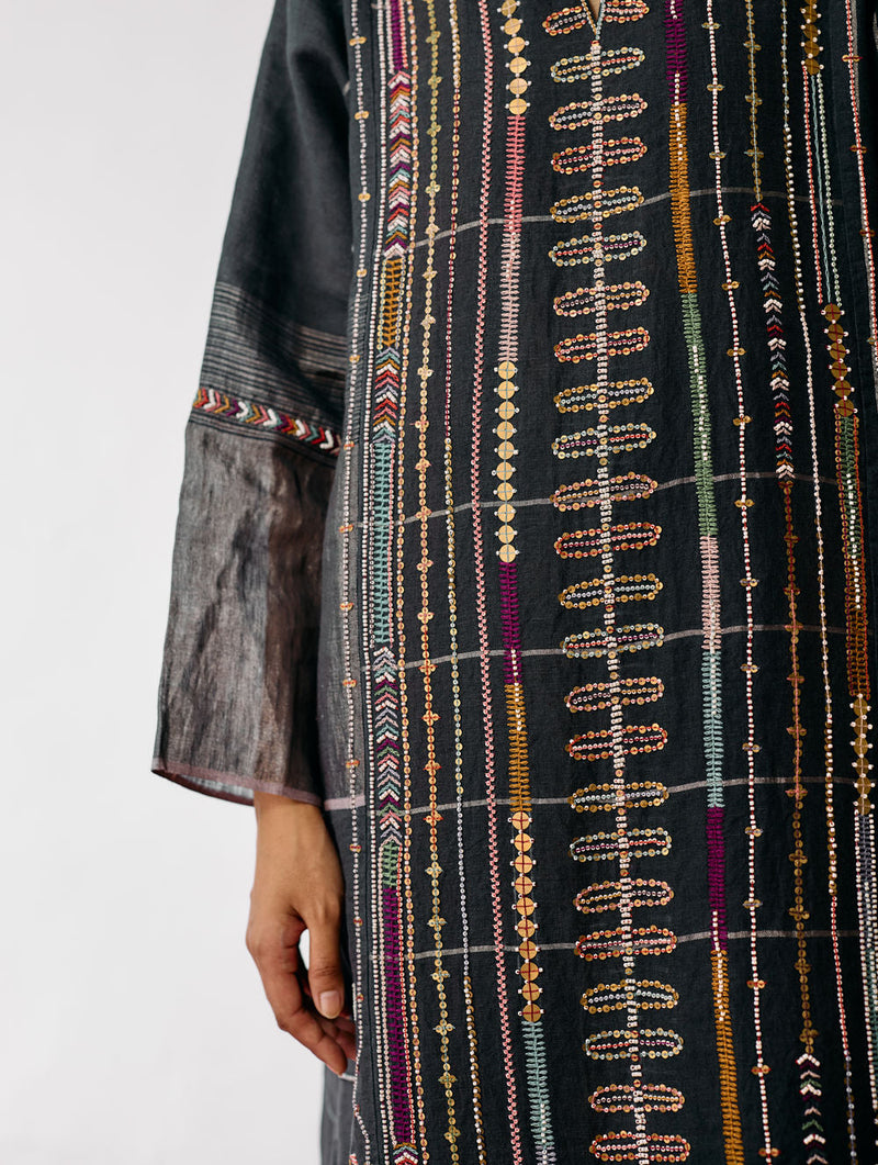 Aicha Hand-Embroidered Panelled Kurta-Charcoal linen kurta/kurta set by Manan in black for women in Singapore