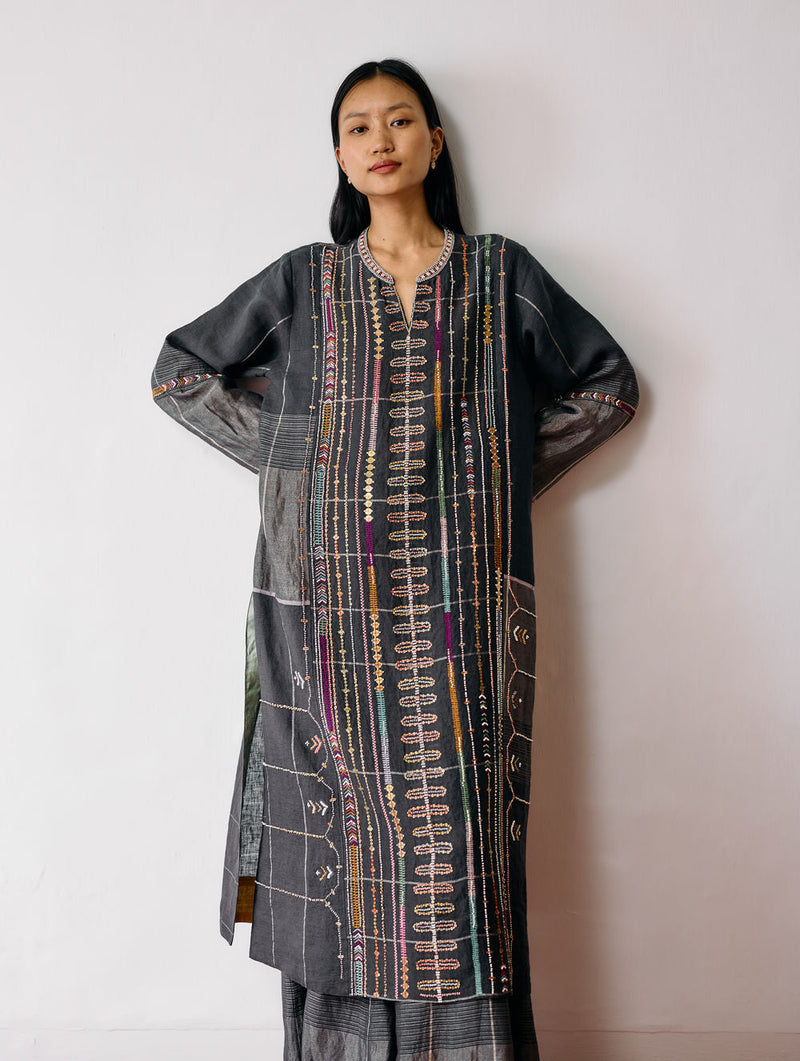 Aicha Hand-Embroidered Panelled Kurta-Charcoal linen kurta/kurta set by Manan in black for women in Singapore