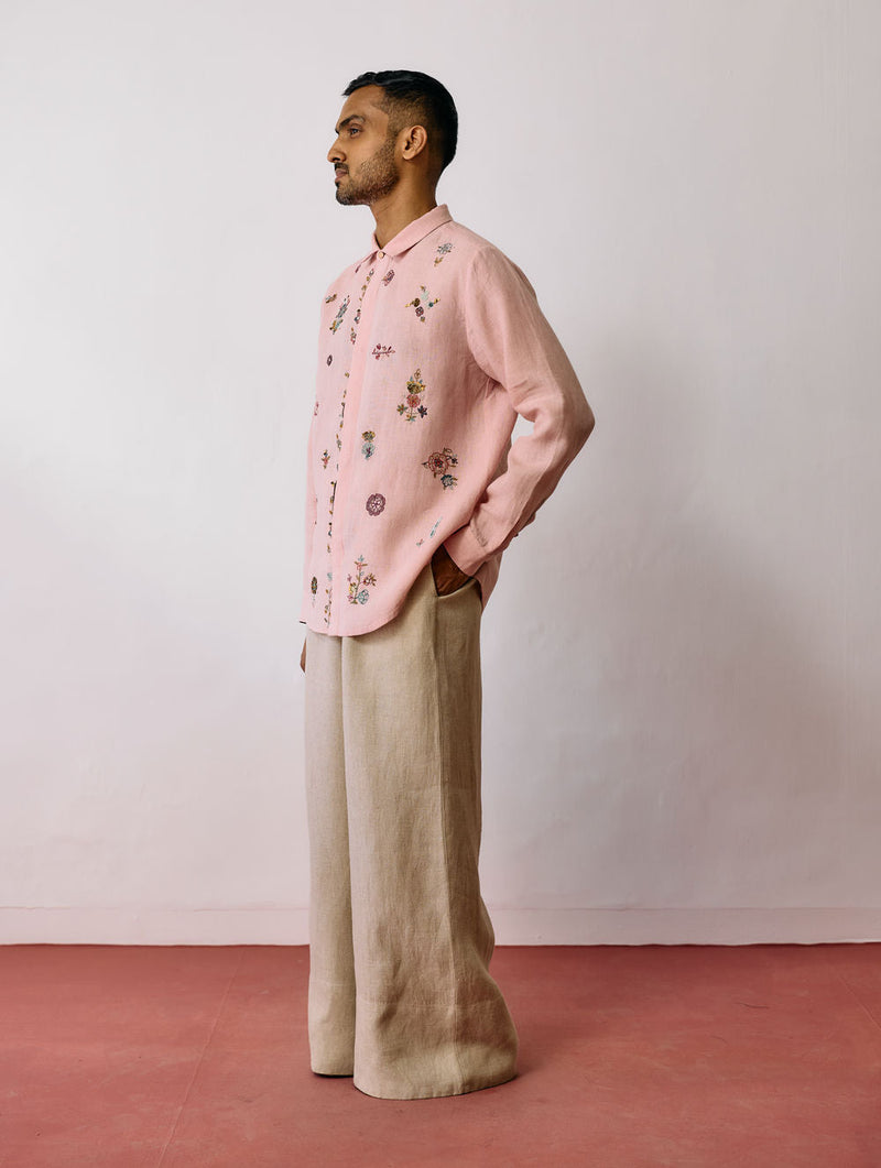 Zai Floral Hand-Embroidered Shirt-Pink linen shirt by Manan Men in pink for men in Singapore