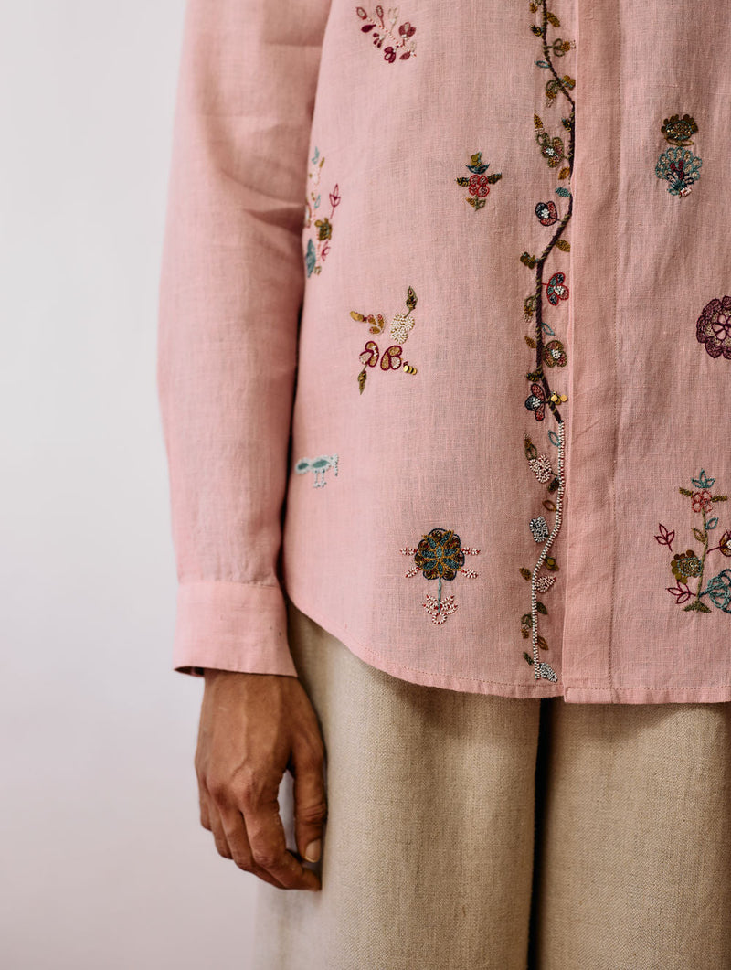 Zai Floral Hand-Embroidered Shirt-Pink linen shirt by Manan Men in pink for men in Singapore