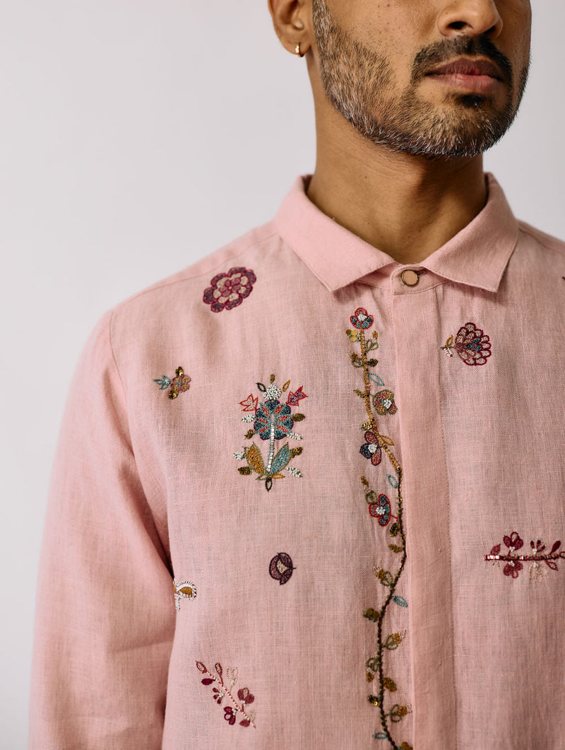 Zai Floral Hand-Embroidered Shirt-Pink linen shirt by Manan Men in pink for men in Singapore