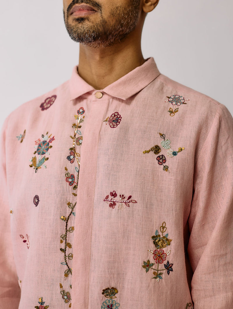 Zai Floral Hand-Embroidered Shirt-Pink linen shirt by Manan Men in pink for men in Singapore