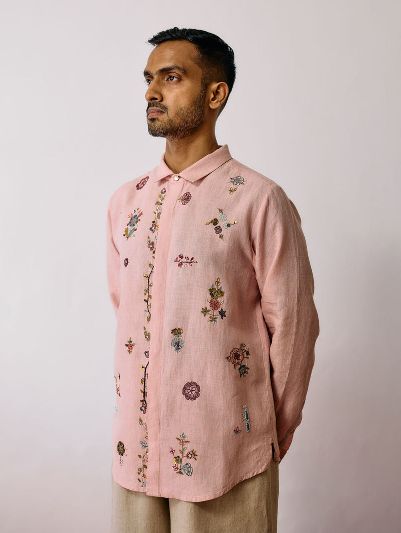 Zai Floral Hand-Embroidered Shirt-Pink linen shirt by Manan Men in pink for men in Singapore