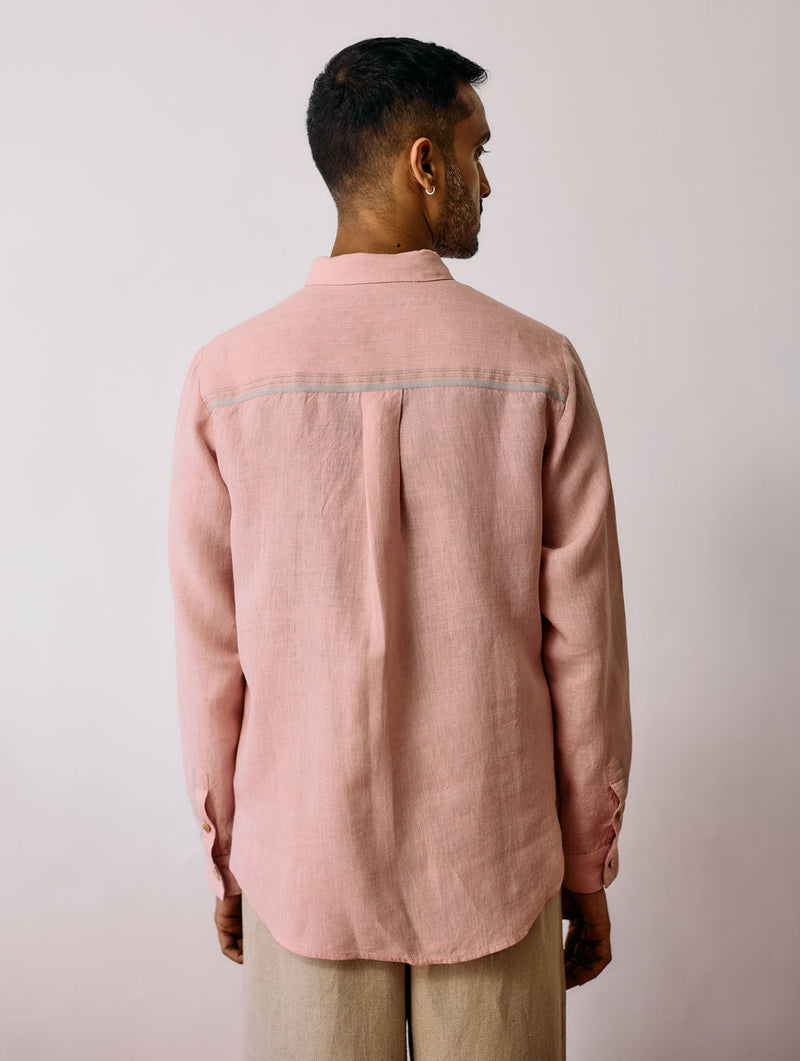 Zai Floral Hand-Embroidered Shirt-Pink linen shirt by Manan Men in pink for men in Singapore