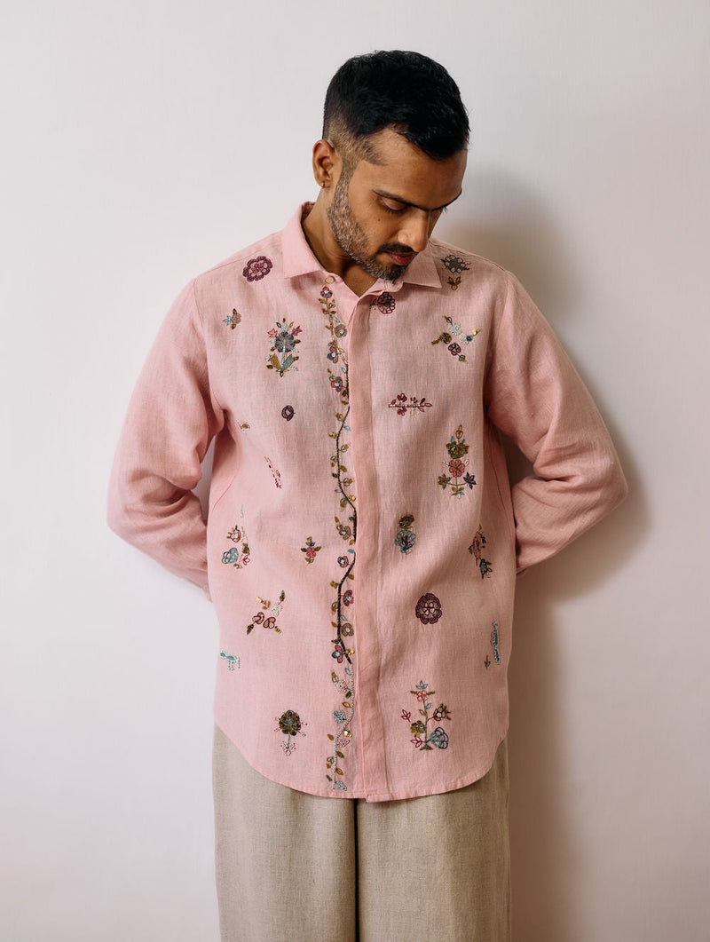 Zai Floral Hand-Embroidered Shirt-Pink linen shirt by Manan Men in pink for men in Singapore