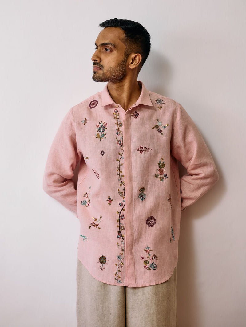 Zai Floral Hand-Embroidered Shirt-Pink linen shirt by Manan Men in pink for men in Singapore