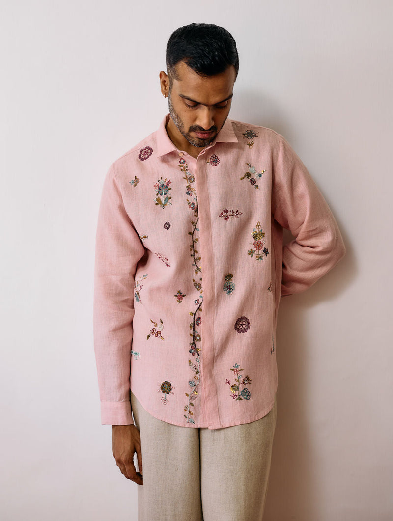 Zai Floral Hand-Embroidered Shirt-Pink linen shirt by Manan Men in pink for men in Singapore