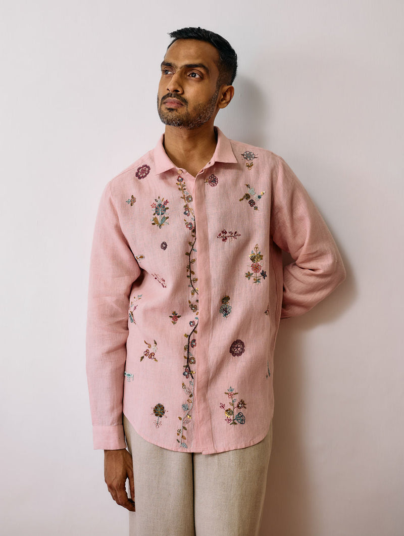 Zai Floral Hand-Embroidered Shirt-Pink linen shirt by Manan Men in pink for men in Singapore