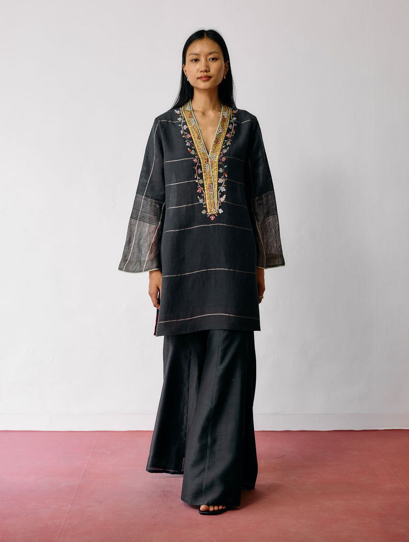 Naar Hand-Embroidered Metallic Kurta-Charcoal linen kurta/kurta set by Manan in black for women in Singapore
