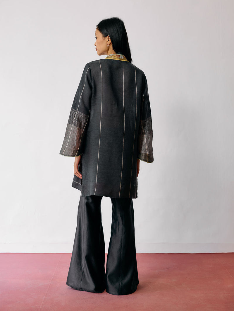 Naar Hand-Embroidered Metallic Kurta Set-Charcoal linen kurta/kurta set by Manan in black for women in Singapore