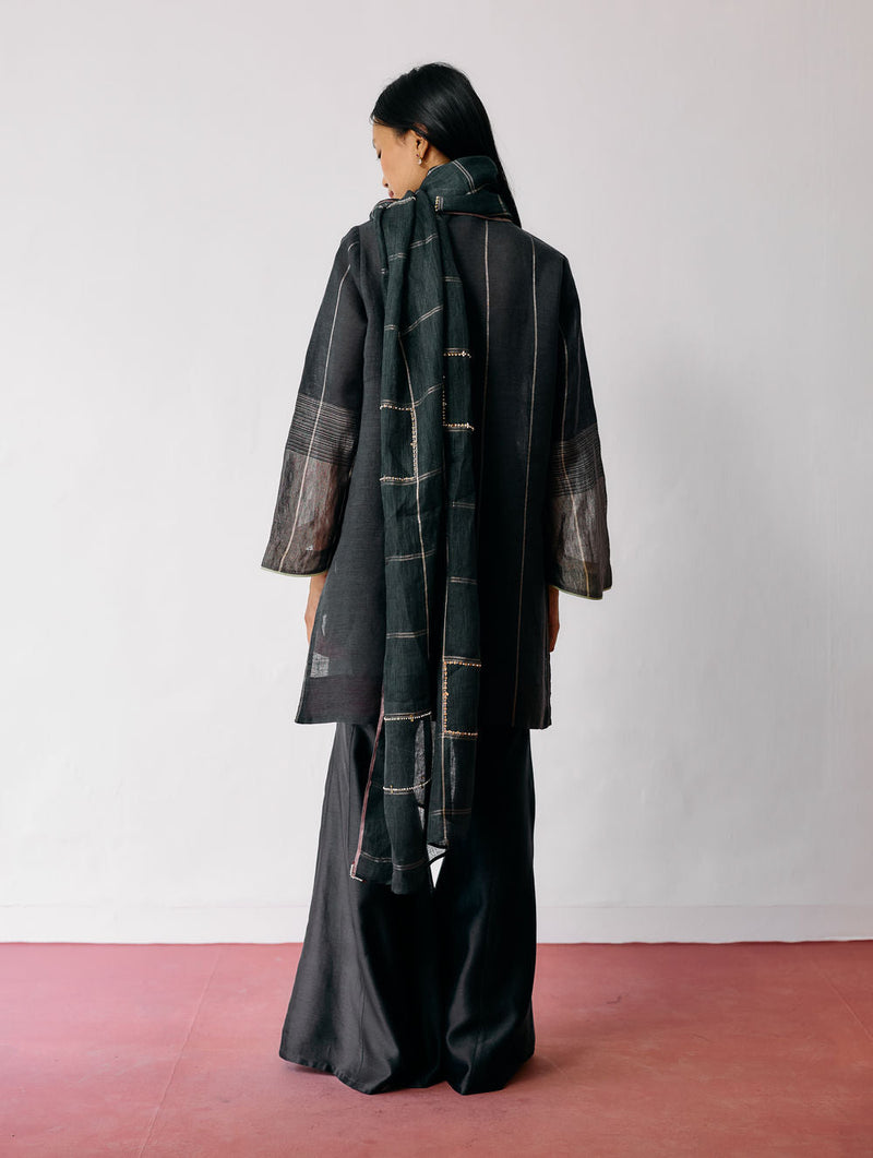 Mora Hand-Embroidered Metallic Linen Dupatta-Charcoal linen dupatta by Manan in black for women in Singapore