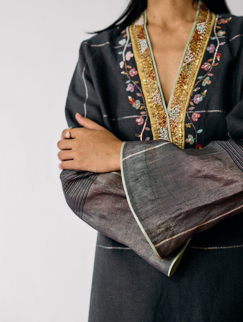 Naar Hand-Embroidered Metallic Kurta-Charcoal linen kurta/kurta set by Manan in black for women in Singapore
