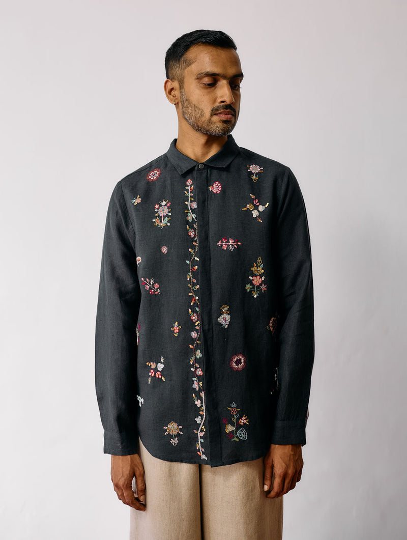 Zai Floral Hand-Embroidered Shirt-Charcoal linen shirt by Manan Men in charcoal for men in Singapore