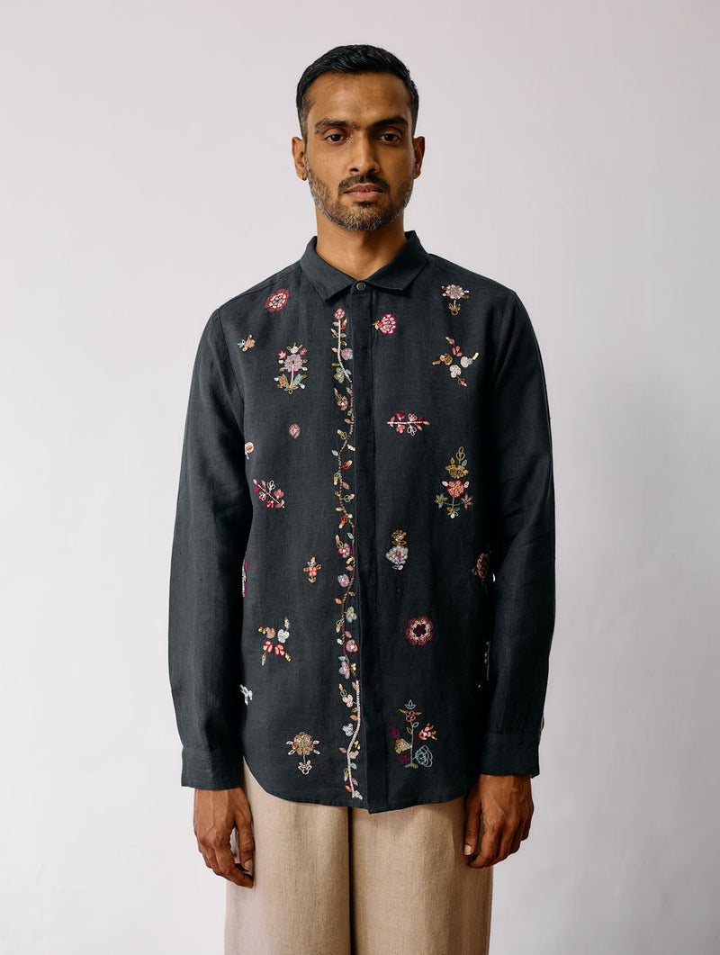 Zai Floral Hand-Embroidered Shirt-Charcoal linen shirt by Manan Men in charcoal for men in Singapore