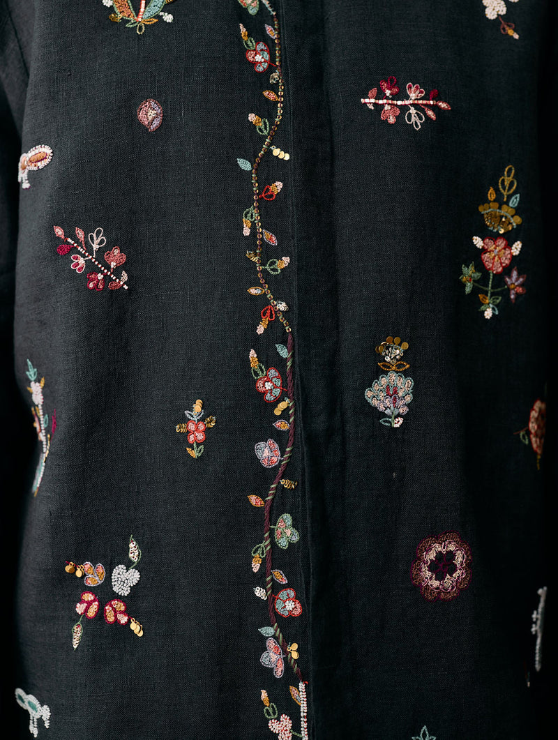 Zai Floral Hand-Embroidered Shirt-Charcoal linen shirt by Manan Men in charcoal for men in Singapore