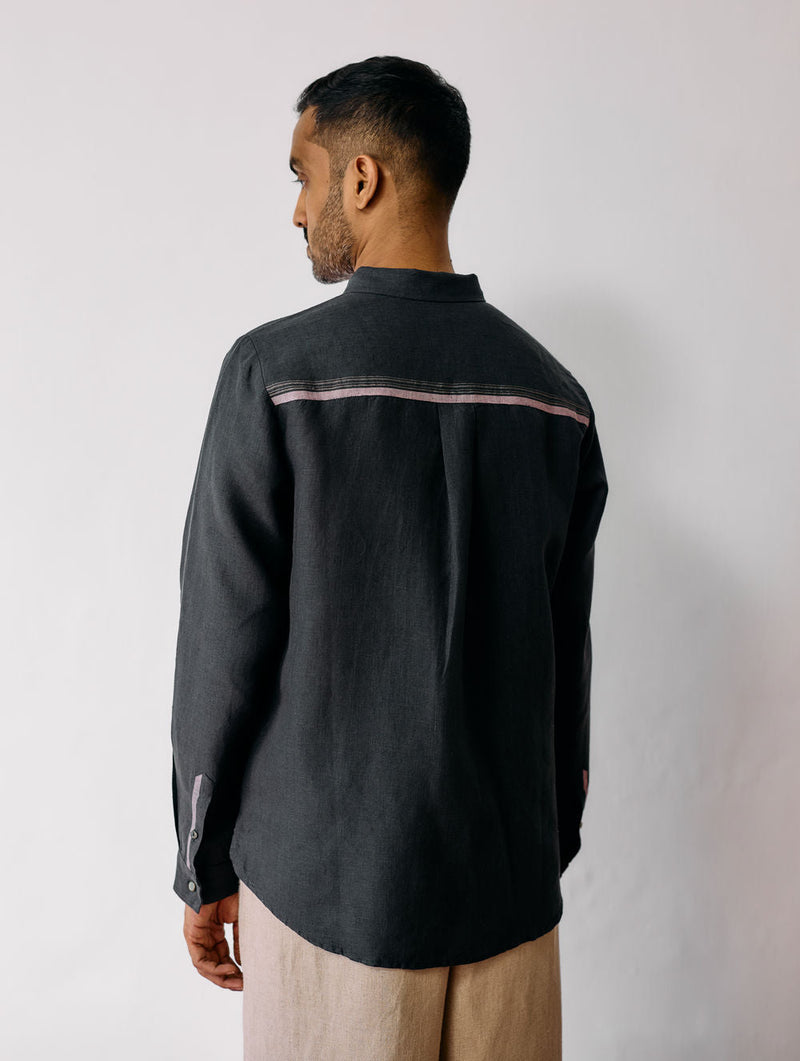 Zai Floral Hand-Embroidered Shirt-Charcoal linen shirt by Manan Men in charcoal for men in Singapore