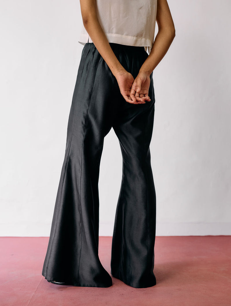 Reva Silk Chanderi Sharara Pants-Charcoal silk chanderi pant/trousers by Manan in black for women in Singapore