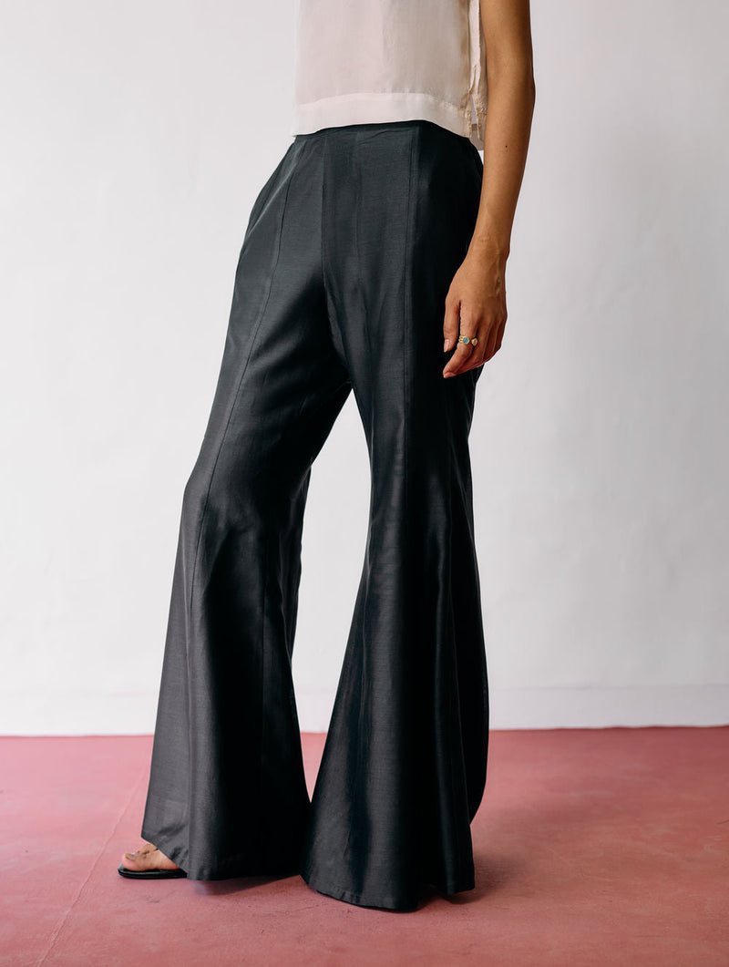 Reva Silk Chanderi Sharara Pants-Charcoal silk chanderi pant/trousers by Manan in black for women in Singapore