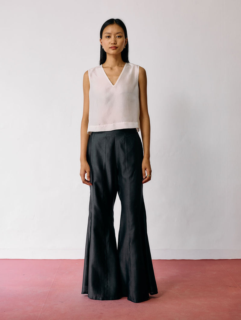 Reva Silk Chanderi Sharara Pants-Charcoal silk chanderi pant/trousers by Manan in black for women in Singapore