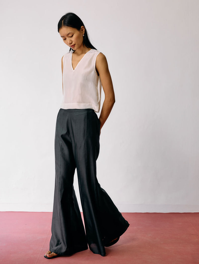 Reva Silk Chanderi Sharara Pants-Charcoal silk chanderi pant/trousers by Manan in black for women in Singapore
