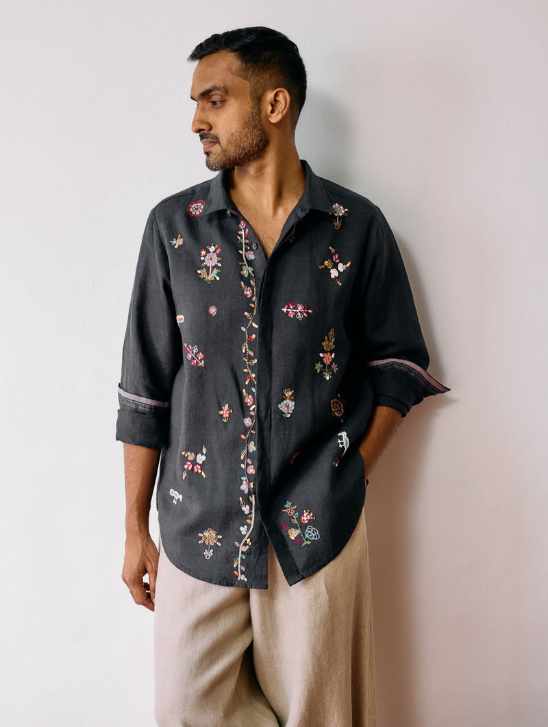 Zai Floral Hand-Embroidered Shirt-Charcoal linen shirt by Manan Men in charcoal for men in Singapore