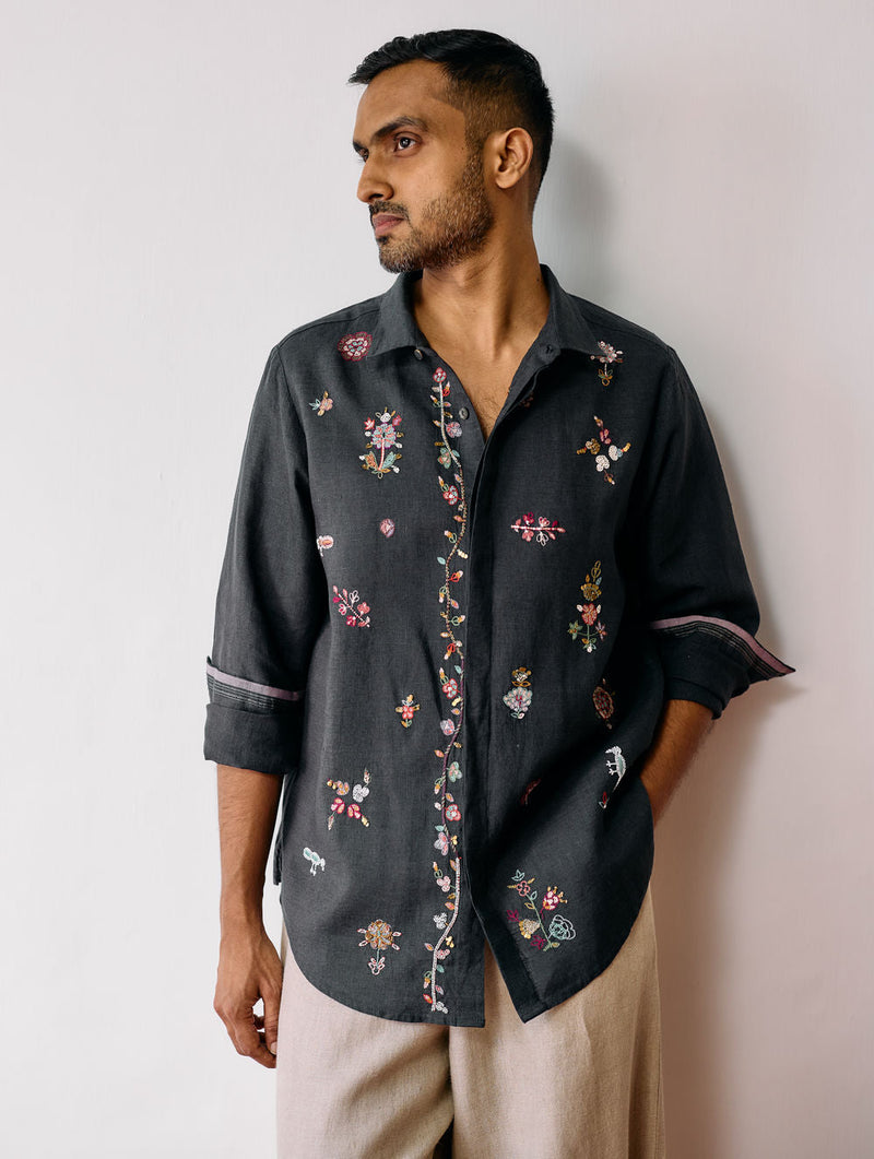 Zai Floral Hand-Embroidered Shirt-Charcoal linen shirt by Manan Men in charcoal for men in Singapore
