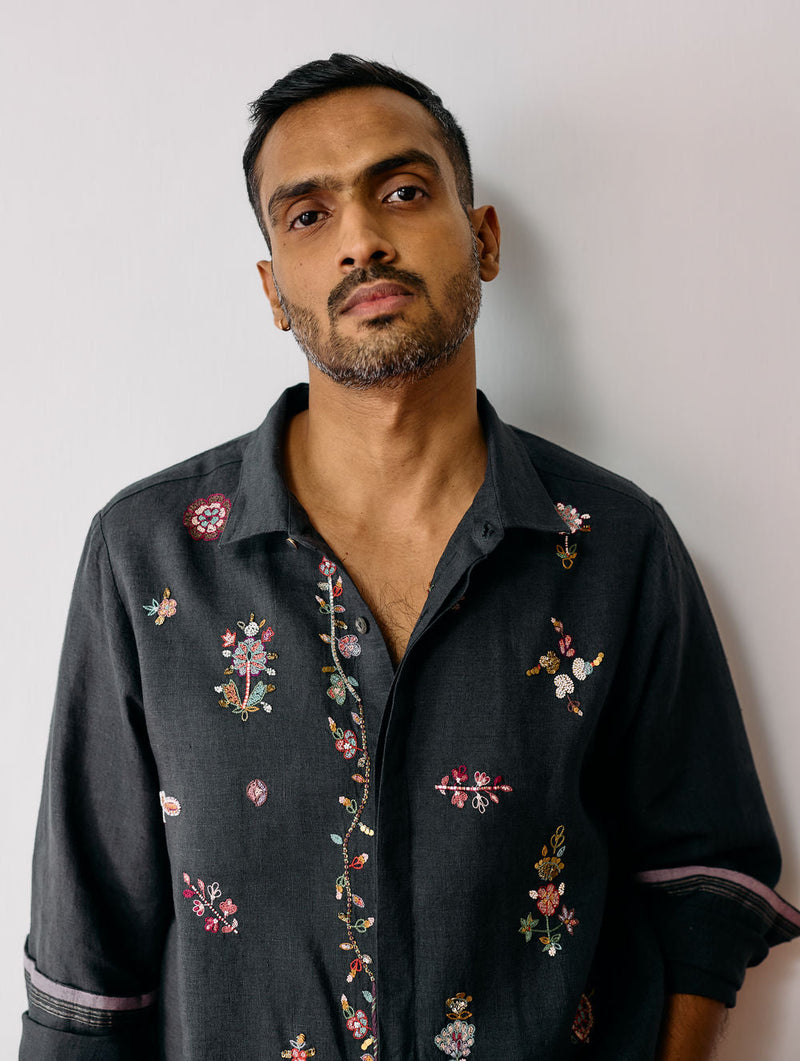 Zai Floral Hand-Embroidered Shirt-Charcoal linen shirt by Manan Men in charcoal for men in Singapore
