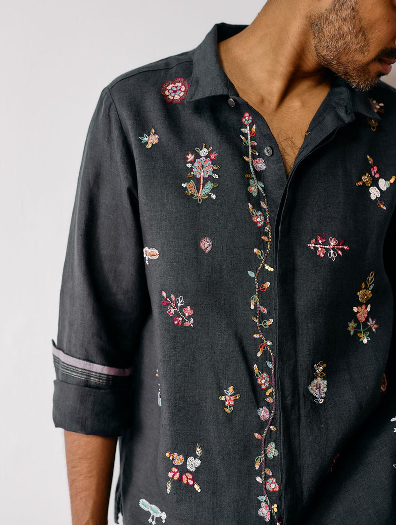 Zai Floral Hand-Embroidered Shirt-Charcoal linen shirt by Manan Men in charcoal for men in Singapore