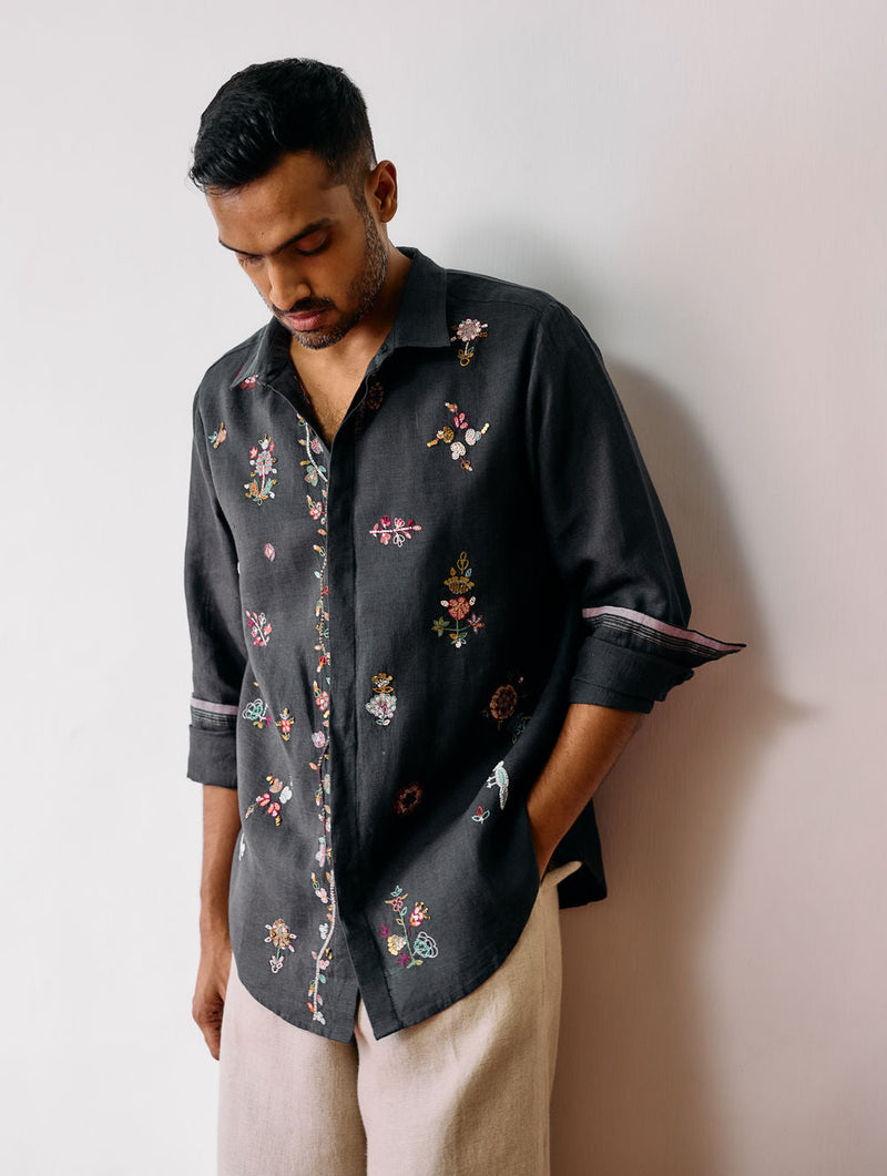 Zai Floral Hand-Embroidered Shirt-Charcoal linen shirt by Manan Men in charcoal for men in Singapore