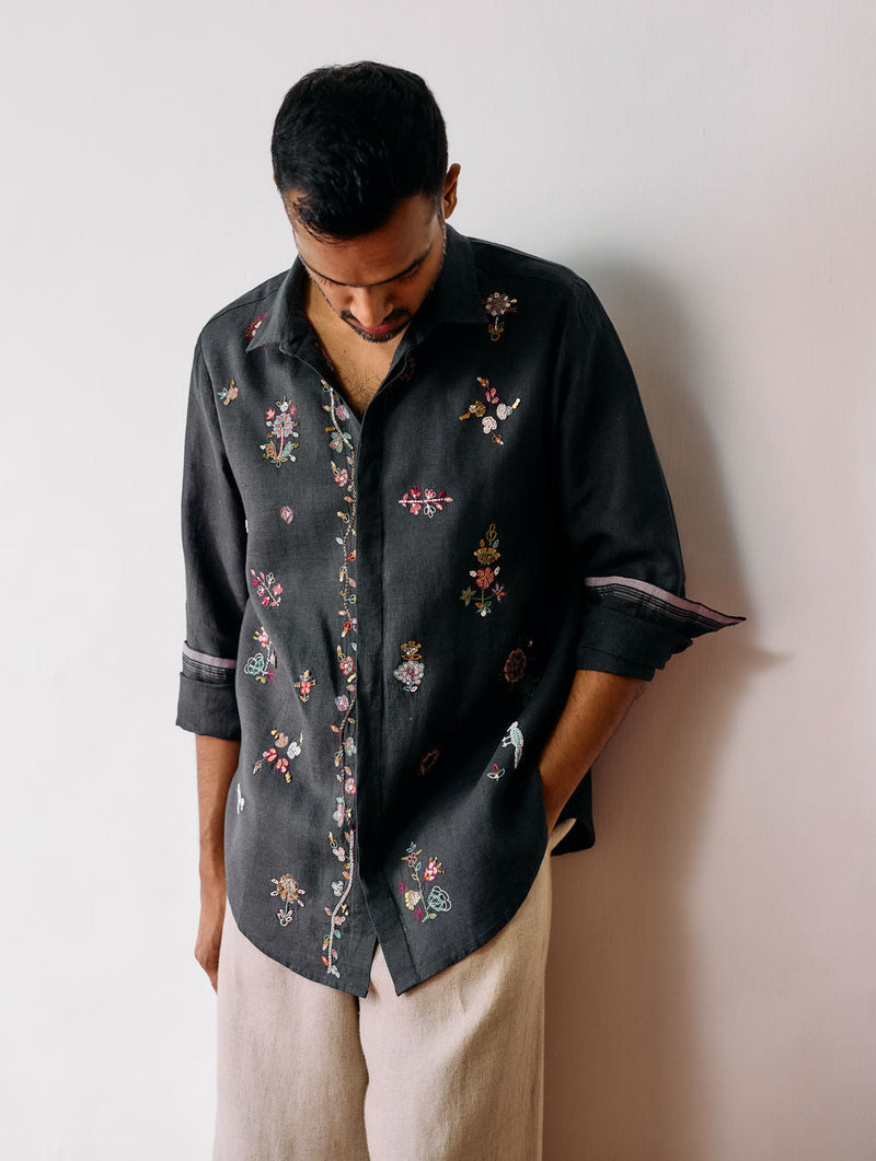 Zai Floral Hand-Embroidered Shirt-Charcoal linen shirt by Manan Men in charcoal for men in Singapore