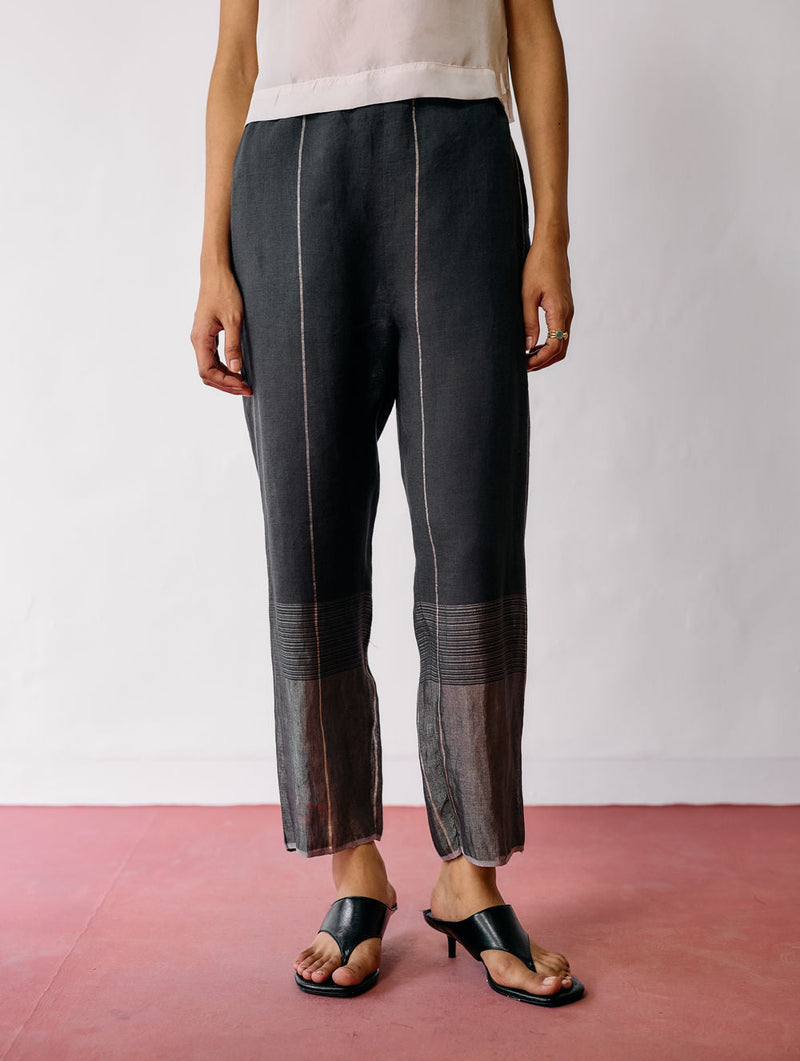 Nila Tapered Metallic Linen Pants-Charcoal linen pant/trousers by Manan in black for women in Singapore