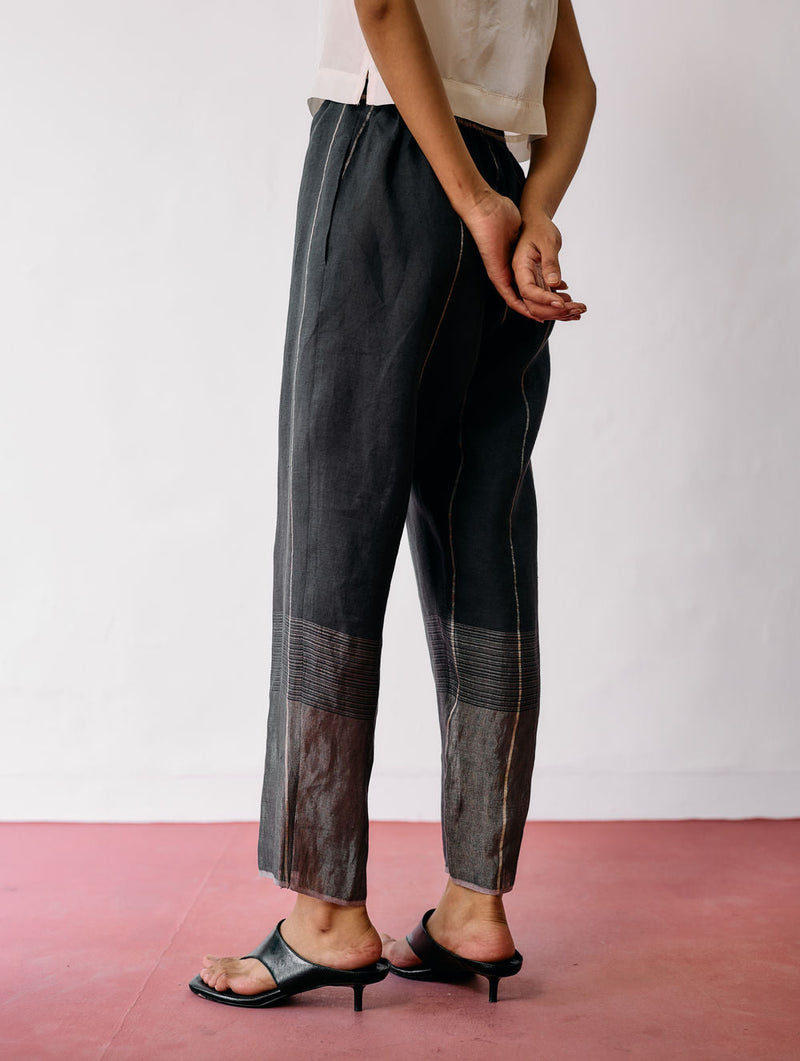Nila Tapered Metallic Linen Pants-Charcoal linen pant/trousers by Manan in black for women in Singapore