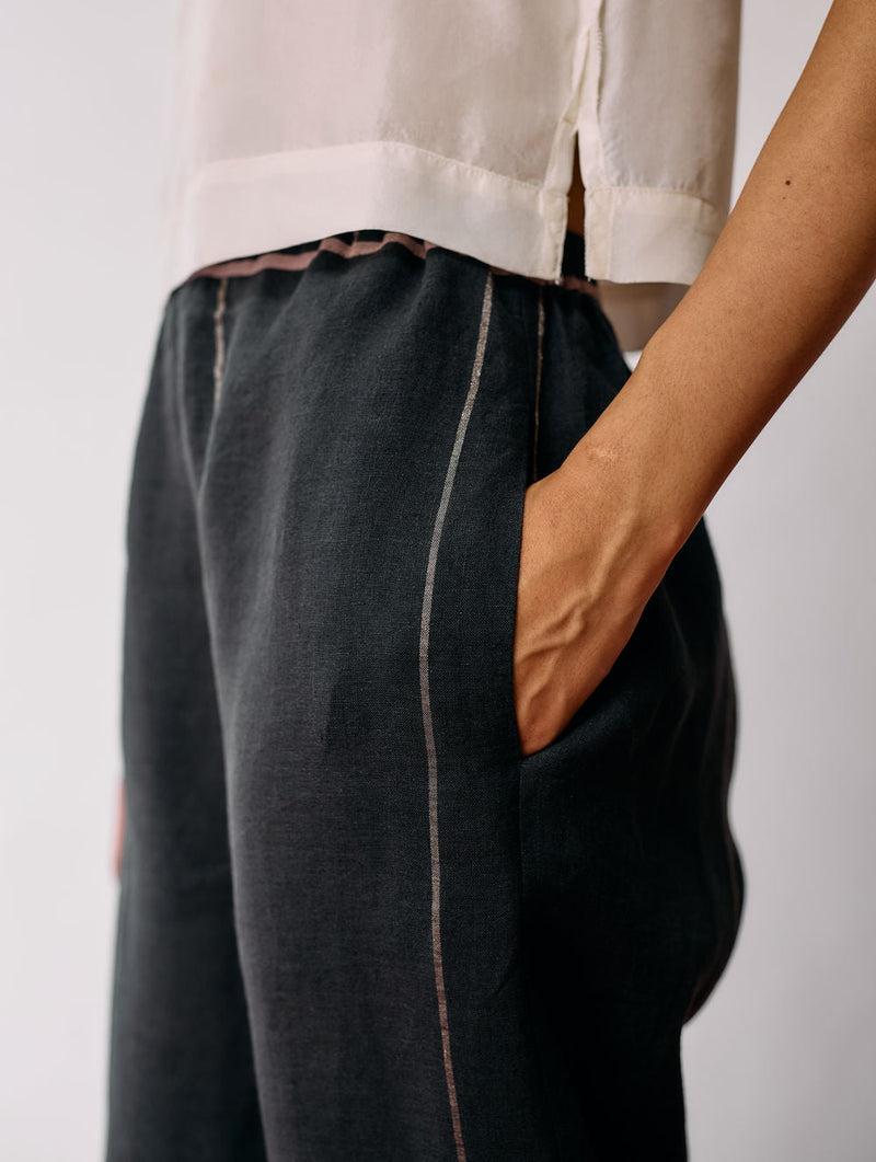 Nila Tapered Metallic Linen Pants-Charcoal linen pant/trousers by Manan in black for women in Singapore