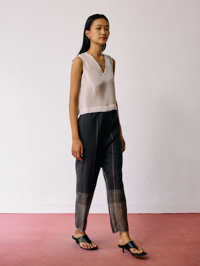 Nila Tapered Metallic Linen Pants-Charcoal linen pant/trousers by Manan in black for women in Singapore